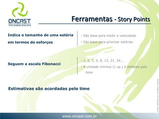 Indica o tamanho de uma estória em termos de esforços Seguem a escala Fibonacci Ferramentas  - Story Points - São base para medir a velocidade - São base para priorizar estórias - 1, 2, 3, 5, 8, 13, 21, 34... - A unidade mínima (1 sp.) é definida pelo time Estimativas são acordadas pelo time 