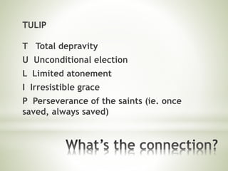 TULIP
T Total depravity
U Unconditional election
L Limited atonement
I Irresistible grace
P Perseverance of the saints (ie. once
saved, always saved)
 