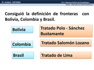 Consiguió la definición de fronteras con
Bolivia, Colombia y Brasil.
TEMA: «REPÚBLICA ARISTOCRÁTICA»
III- Unidad : HISTORIA I.E.P «Nuestra Señora de Guadalupe»
Tratado Salomón Lozano
Bolivia
Colombia
Brasil
Tratado Polo - Sánchez
Bustamante
Tratado de Lima
 