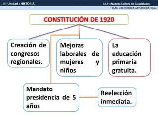 Creación de
congresos
regionales.
Mejoras
laborales de
mujeres y
niños
La
educación
primaria
gratuita.
TEMA: «REPÚBLICA ARISTOCRÁTICA»
III- Unidad : HISTORIA I.E.P «Nuestra Señora de Guadalupe»
Mandato
presidencia de 5
años
Reelección
inmediata.
 