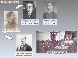 ASPECTO POLÍTICO Antero Aspíllaga PARTIDO CIVIL  Augusto B. Leguía PARTIDO DEMÓCRATA Tnt. Crl. Gerardo Álvarez  JOSÉ PARDO Y BARREDA Presidente Constitucional ASAMBLEA NACIONAL 