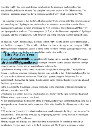 Once the NADH has been made from a metabolite in the citric acid cycle inside of the
mitochondria, it interacts with the first complex 1 enzyme, known as NADH reductase. This
complex 1 contains a coenzyme flavin mononucleotide (FMN) which is similar to FAD.
The sequence of events is that the NADH, plus another hydrogen ion enter the enzyme complex
and pass along the 2 hydrogen ions, ultimately to an interspace in the mitochondria. These
hydrogen ions, acting as a pump, are utilized by ATP synthetase to produce an ATP for every
two hydrogen ions produced. Three complexes (1, 3, 4) act in this manner to produce 2 hydrogen
ions each, and thus will produce 3 ATP for every use of the complete electron transport chain.
In addition, NADH passes along 2 electrons to first FMN, then to an iron-sulfur protein (FeS),
and finally to coenzyme Q. The net effect of these reactions are to regenerate coenzyme NAD+.
This regeneration of reactants occurs in many of the reactions so that a cycling effect occurs. The
NAD+ is ready to react further with metabolites in the citric acid cycle.
Coenzyme Q, which also picks up an additional 2 hydrogen ions to make CoQH2. Coenzyme
QH2 carrying an extra 2 electrons and 2 hydrogen ions now starts a cascade of events through
enzyme complex 3, also known as cytochrome reductase bc.
Cytochromes are very similar to the structure of myoglobin or hemoglobin. The significant
feature is the heme structure containing the iron ions, initially in the +3 state and changed to the
+2 state by the addition of an electron. The CoQH2 passes along the 2 electrons first to
cytochrome b1 heme, then b2 heme , then to an iron-sulfur protein, then to cytochrome c1, and
finally to cytochrome c.
In the meantime the 2 hydrogen ions are channeled to the interspace of the mitochondria for
ultimate conversion into ATP.
Cytochrome c is a small molecule which is also able to move in the lipid membrane layer and
diffuses toward cytochrome a complex 4.
At this time it continues the transport of the electrons, and provides the third and final time that 2
hydrogen ions are channeled to the interspace of the mitochondria for ultimate conversion into
ATP.
ATP synthetase (complex 5) is also found at numerous locations in the bilayer membrane of the
mitochondria. Three ATP are produced by the pumping action of the re-entry of the hydrogen
ions through the ATP synthetase.
Finally, oxygen has diffused into the cell and the mitochondria for the finally reaction of
metabolism. Oxygen atom reacts with the 2 electrons and 2 hydrogens to produce a water
 