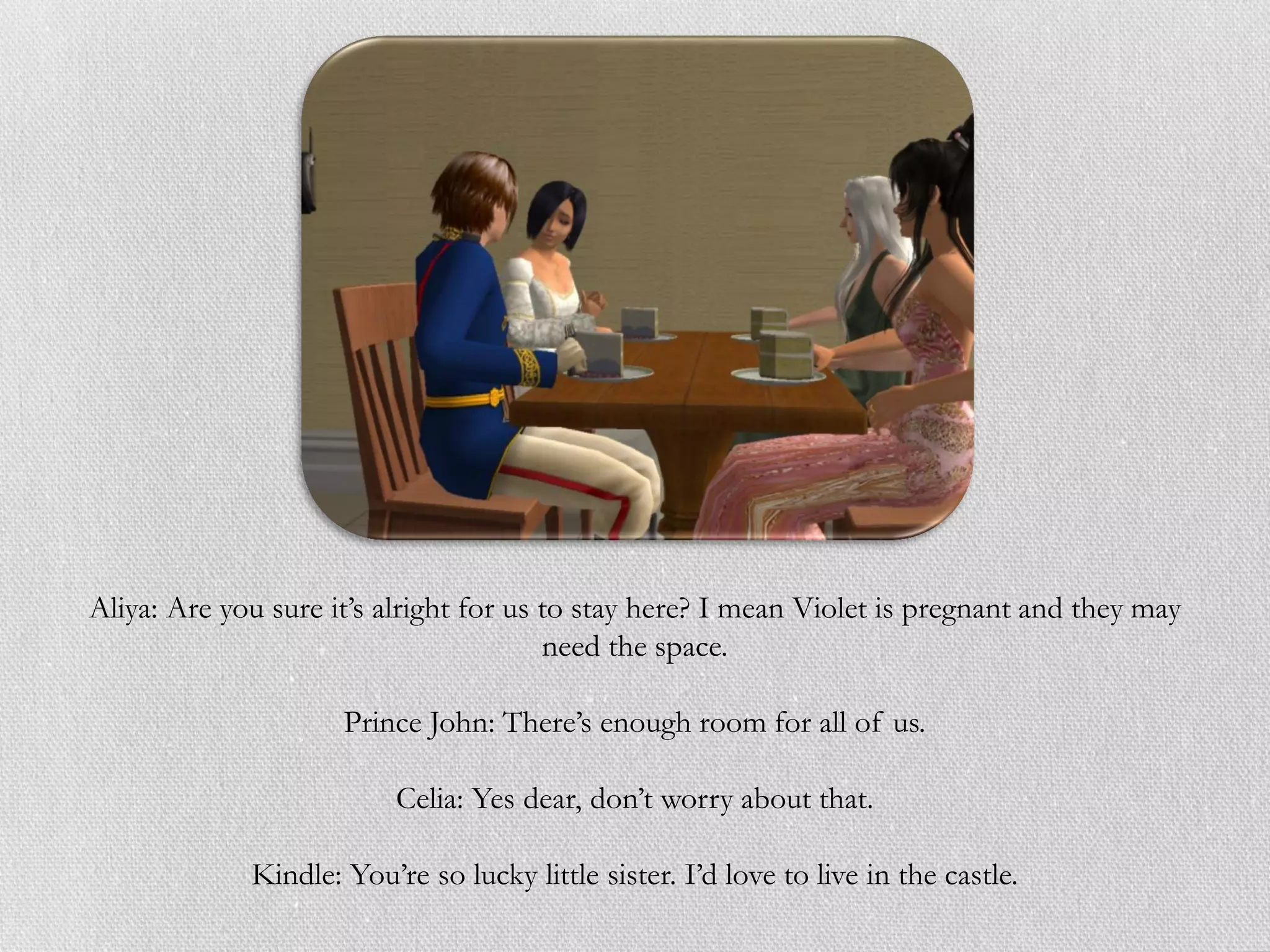 Aliya: Are you sure it’s alright for us to stay here? I mean Violet is pregnant and they may
                                        need the space.

                     Prince John: There’s enough room for all of us.

                          Celia: Yes dear, don’t worry about that.

             Kindle: You’re so lucky little sister. I’d love to live in the castle.
 