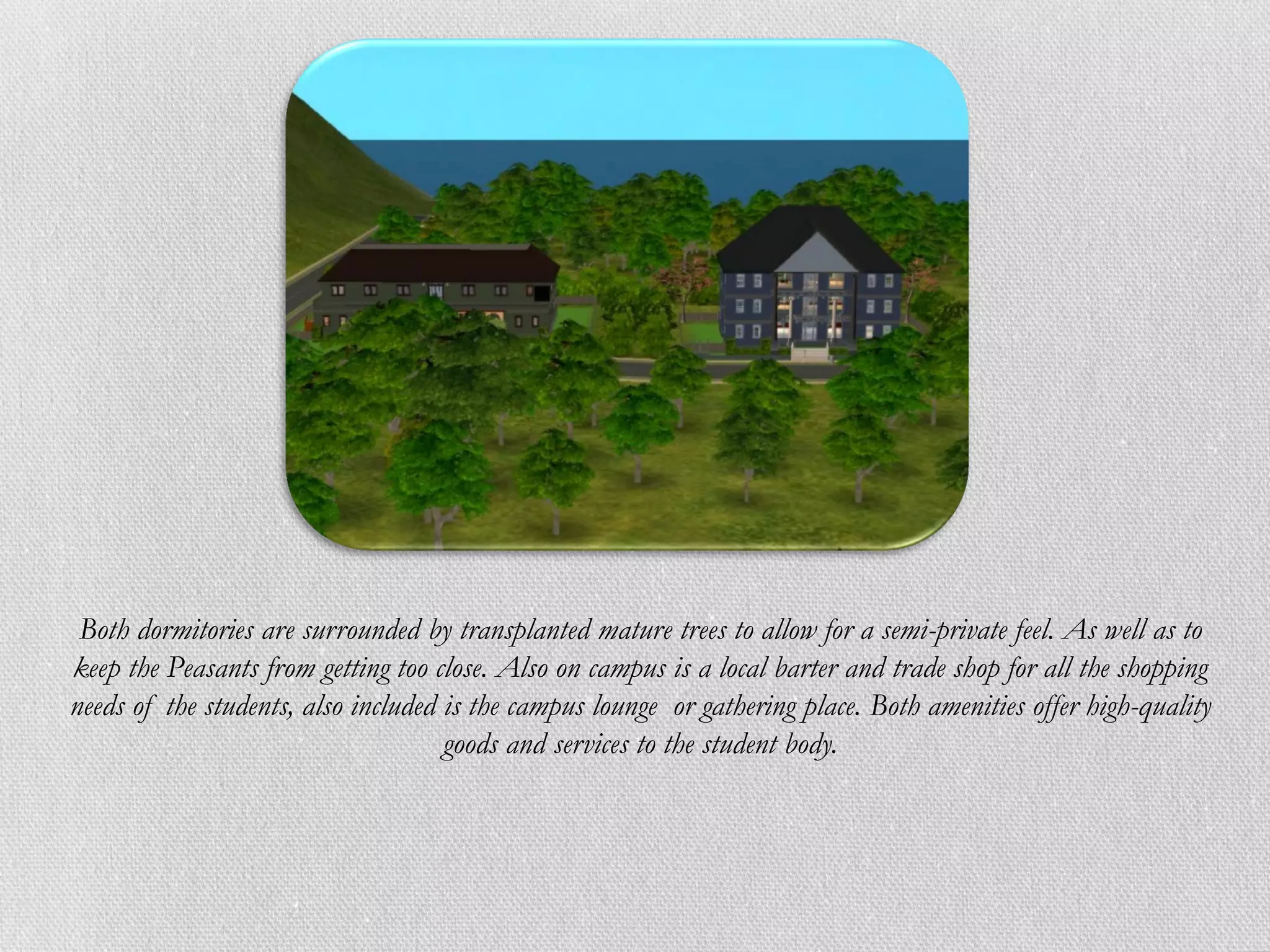 Both dormitories are surrounded by transplanted mature trees to allow for a semi-private feel. As well as to
keep the Peasants from getting too close. Also on campus is a local barter and trade shop for all the shopping
needs of the students, also included is the campus lounge or gathering place. Both amenities offer high-quality
                                     goods and services to the student body.
 
