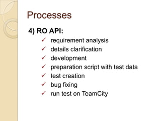 Processes
4) RO API:








requirement analysis
details clarification
development
preparation script with test data
test creation
bug fixing
run test on TeamCity

 