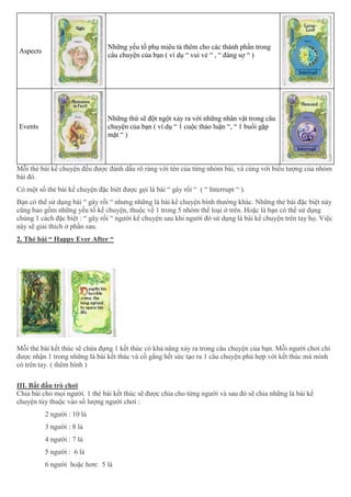 Aspects
Những yếu tố phụ miêu tả thêm cho các thành phần trong
câu chuyện của bạn ( ví dụ “ vui vẻ “ , “ đáng sợ “ )
Events
Những thứ sẽ đột ngột xảy ra với những nhân vật trong câu
chuyện của bạn ( ví dụ “ 1 cuộc thảo luận “, “ 1 buổi gặp
mặt “ )
Mỗi thẻ bài kể chuyện đều được đánh dấu rõ ràng với tên của từng nhóm bài, và cùng với biểu tượng của nhóm
bài đó.
Có một số thẻ bài kể chuyện đặc biêt được gọi là bài “ gây rối “ ( “ Interrupt “ ).
Bạn có thể sử dụng bài “ gây rối “ nhưng những lá bài kể chuyện bình thường khác. Những thẻ bài đặc biệt này
cũng bao gồm những yếu tố kể chuyện, thuộc về 1 trong 5 nhóm thể loại ở trên. Hoặc là bạn có thể sử dụng
chúng 1 cách đặc biệt : “ gây rối “ người kể chuyện sau khi người đó sử dụng lá bài kể chuyện trên tay họ. Việc
này sẽ giải thích ở phần sau.
2. Thẻ bài “ Happy Ever After “
Mỗi thẻ bài kết thúc sẽ chứa đựng 1 kết thúc có khả năng xảy ra trong câu chuyện của bạn. Mỗi người chơi chỉ
được nhận 1 trong những lá bài kết thúc và cố gắng hết sức tạo ra 1 câu chuyện phù hợp với kết thúc mà mình
có trên tay. ( thêm hình )
III. Bắt đầu trò chơi
Chia bài cho mọi người. 1 thẻ bài kết thúc sẽ được chia cho từng người và sau đó sẽ chia những lá bài kể
chuyện tùy thuộc vào số lượng người chơi :
2 người : 10 lá
3 người : 8 lá
4 người : 7 lá
5 người : 6 lá
6 người hoặc hơn: 5 lá
 
