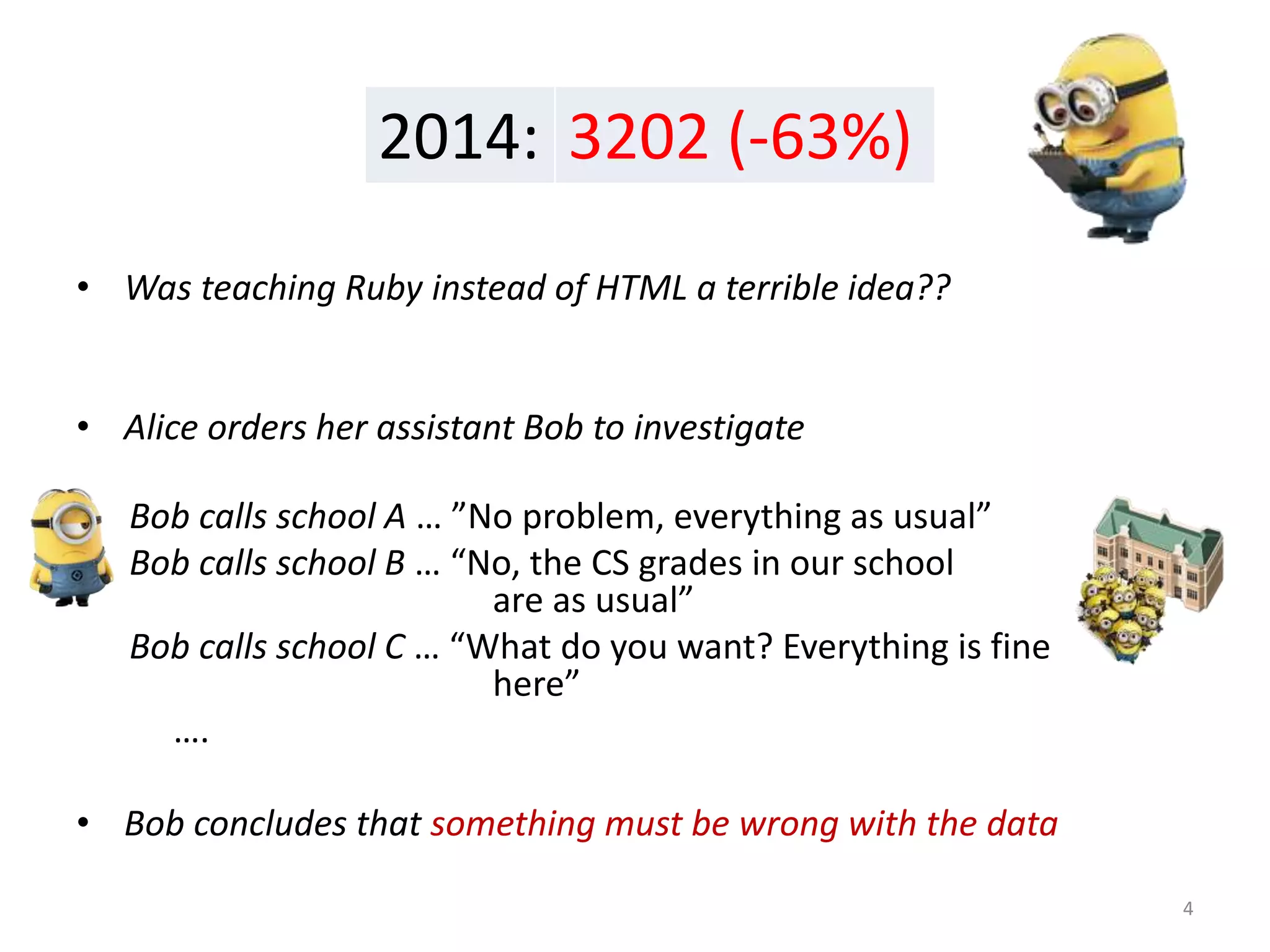 • Was teaching Ruby instead of HTML a terrible idea??
• Alice orders her assistant Bob to investigate
Bob calls school A … ”No problem, everything as usual”
Bob calls school B … “No, the CS grades in our school
are as usual”
Bob calls school C … “What do you want? Everything is fine
here”
….
• Bob concludes that something must be wrong with the data
4
2014: 3202 (-63%)
 
