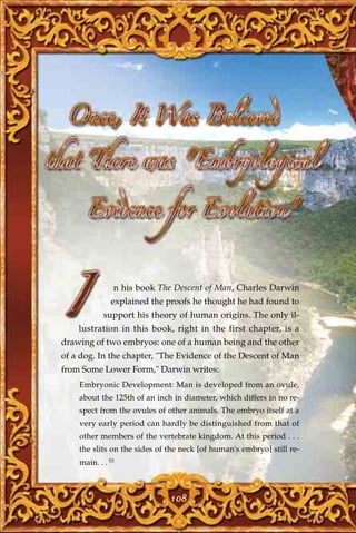 n his book The Descent of Man, Charles Darwin
              explained the proofs he thought he had found to
            support his theory of human origins. The only il-
    lustration in this book, right in the first chapter, is a
drawing of two embryos: one of a human being and the other
of a dog. In the chapter, "The Evidence of the Descent of Man
from Some Lower Form," Darwin writes:
    Embryonic Development: Man is developed from an ovule,
    about the 125th of an inch in diameter, which differs in no re-
    spect from the ovules of other animals. The embryo itself at a
    very early period can hardly be distinguished from that of
    other members of the vertebrate kingdom. At this period . . .
    the slits on the sides of the neck [of human's embryo] still re-
    main. . . 53



                              108
 