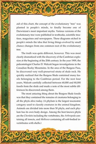 aid of this chart, the concept of the evolutionary "tree" was
                                       planted in people's minds, to finally become one of
                                       Darwinism's most important myths. Various versions of the
                                       evolutionary tree were published in textbooks, scientific trea-
                                       tises, magazines and newspapers. These diagrams etched in
                                       people's minds the idea that living things evolved by small
                                       chance changes from one common root of the evolutionary
Once Upon a Time There Was Darwinism




                                       tree.
                                               The truth was quite different, however. This was most
                                       clearly dramatized with the discovery of the Cambrian explo-
                                       sion at the beginning of the 20th century. In the year 1909, the
                                       paleontologist Charles D. Walcott began investigations in the
                                       Canadian Rocky Mountains. In the area of the Burgess Pass,
                                       he discovered very well-preserved strata of shale rock. He
                                       quickly realized that the Burgess Shale contained many fos-
                                       sils belonging to the Cambrian period. For the next four
                                       years, Walcott carefully collected between 60,000 and 80,000
                                       fossils from the shale and made a note of the most subtle dif-
                                       ferences he discovered among them.
                                               The most amazing thing about the Burgess Shale fossils
                                       was that they contained the remains of creatures belonging to
                                       all the phyla alive today. (A phylum is the largest taxonomic
                                       category used to classify creatures in the animal kingdom.
                                       Animals are divided into more than 50 phyla, and each phy-
                                       lum has its own body design. Among the best known phyla
                                       are the Chordata including the vertebrates, the Arthropoda con-
                                       taining all insects, and Mollusca containing all soft-bodied in-
                                       vertebrates with shells.)



                                                                      68
 