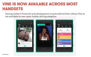 VINE IS NOW AVAILABLE ACROSS MOST
HANDSETS
Having twitter’s ﬁnancial and development muscle behind them allows Vine to
be ...