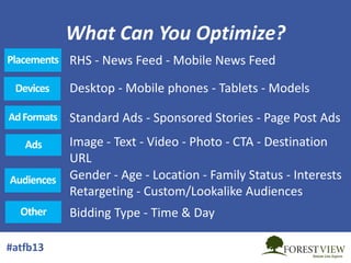 What Can You Optimize?
Placements RHS - News Feed - Mobile News Feed
Devices
Ad Formats

Desktop - Mobile phones - Tablets...