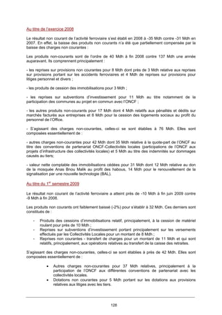 128
Au titre de l’exercice 2008
Le résultat non courant de l’activité ferroviaire s’est établi en 2008 à -35 Mdh contre -31 Mdh en
2007. En effet, la baisse des produits non courants n’a été que partiellement compensée par la
baisse des charges non courantes :
Les produits non-courants sont de l’ordre de 40 Mdh à fin 2008 contre 137 Mdh une année
auparavant. Ils comprennent principalement :
- les reprises sur provisions non courantes pour 8 Mdh dont près de 3 Mdh relative aux reprises
sur provisions portant sur les accidents ferroviaires et 4 Mdh de reprises sur provisions pour
litiges personnel et divers ;
- les produits de cession des immobilisations pour 3 Mdh ;
- les reprises sur subventions d’investissement pour 11 Mdh au titre notamment de la
participation des communes au projet en commun avec l’ONCF ;
- les autres produits non-courants pour 17 Mdh dont 4 Mdh relatifs aux pénalités et dédits sur
marchés facturés aux entreprises et 8 Mdh pour la cession des logements sociaux au profit du
personnel de l’Office.
- S’agissant des charges non-courantes, celles-ci se sont établies à 76 Mdh. Elles sont
composées essentiellement de :
- autres charges non-courantes pour 42 Mdh dont 35 Mdh relative à la quote-part de l’ONCF au
titre des conventions de partenariat ONCF-Collectivités locales (participations de l’ONCF aux
projets d’infrastructure des collectivités locales) et 5 Mdh au titre des indemnités sur dommages
causés au tiers;
- valeur nette comptable des immobilisations cédées pour 31 Mdh dont 12 Mdh relative au don
de la mosquée Anas Bnou Malik au profit des habous, 14 Mdh pour le renouvellement de la
signalisation par une nouvelle technologie (BAL).
Au titre du 1er
semestre 2009
Le résultat non courant de l’activité ferroviaire a atteint près de -10 Mdh à fin juin 2009 contre
-9 Mdh à fin 2008.
Les produits non courants ont faiblement baissé (-2%) pour s’établir à 32 Mdh. Ces derniers sont
constitués de :
- Produits des cessions d’immobilisations relatif, principalement, à la cession de matériel
roulant pour près de 10 Mdh ;
- Reprises sur subventions d’investissement portant principalement sur les versements
effectués par les Collectivités Locales pour un montant de 8 Mdh ;
- Reprises non courantes - transfert de charges pour un montant de 11 Mdh et qui sont
relatifs, principalement, aux opérations relatives au transfert de la caisse des retraites.
S’agissant des charges non-courantes, celles-ci se sont établies à près de 42 Mdh. Elles sont
composées essentiellement de :
• Autres charges non-courantes pour 37 Mdh relatives, principalement à la
participation de l’ONCF aux différentes conventions de partenariat avec les
collectivités locales.
• Dotations non courantes pour 5 Mdh portant sur les dotations aux provisions
relatives aux litiges avec les tiers.
 