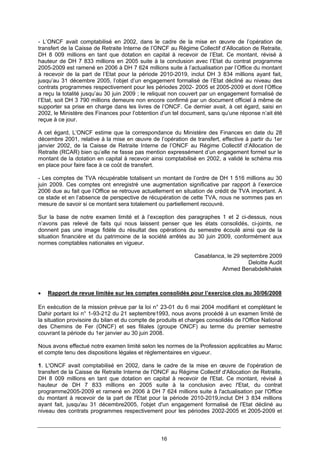 16
- L’ONCF avait comptabilisé en 2002, dans le cadre de la mise en œuvre de l’opération de
transfert de la Caisse de Retraite Interne de l’ONCF au Régime Collectif d’Allocation de Retraite,
DH 8 009 millions en tant que dotation en capital à recevoir de l’Etat. Ce montant, révisé à
hauteur de DH 7 833 millions en 2005 suite à la conclusion avec l’Etat du contrat programme
2005-2009 est ramené en 2006 à DH 7 624 millions suite à l’actualisation par l’Office du montant
à recevoir de la part de l’Etat pour la période 2010-2019, inclut DH 3 834 millions ayant fait,
jusqu’au 31 décembre 2005, l’objet d’un engagement formalisé de l’Etat décliné au niveau des
contrats programmes respectivement pour les périodes 2002- 2005 et 2005-2009 et dont l’Office
a reçu la totalité jusqu’au 30 juin 2009 ; le reliquat non couvert par un engagement formalisé de
l’Etat, soit DH 3 790 millions demeure non encore confirmé par un document officiel à même de
supporter sa prise en charge dans les livres de l’ONCF. Ce dernier avait, à cet égard, saisi en
2002, le Ministère des Finances pour l’obtention d’un tel document, sans qu’une réponse n’ait été
reçue à ce jour.
A cet égard, L’ONCF estime que la correspondance du Ministère des Finances en date du 28
décembre 2001, relative à la mise en œuvre de l’opération de transfert, effective à partir du 1er
janvier 2002, de la Caisse de Retraite Interne de l’ONCF au Régime Collectif d’Allocation de
Retraite (RCAR) bien qu’elle ne fasse pas mention expressément d’un engagement formel sur le
montant de la dotation en capital à recevoir ainsi comptabilisé en 2002, a validé le schéma mis
en place pour faire face à ce coût de transfert.
- Les comptes de TVA récupérable totalisent un montant de l’ordre de DH 1 516 millions au 30
juin 2009. Ces comptes ont enregistré une augmentation significative par rapport à l’exercice
2006 due au fait que l’Office se retrouve actuellement en situation de crédit de TVA important. A
ce stade et en l’absence de perspective de récupération de cette TVA, nous ne sommes pas en
mesure de savoir si ce montant sera totalement ou partiellement recouvré.
Sur la base de notre examen limité et à l’exception des paragraphes 1 et 2 ci-dessus, nous
n’avons pas relevé de faits qui nous laissent penser que les états consolidés, ci-joints, ne
donnent pas une image fidèle du résultat des opérations du semestre écoulé ainsi que de la
situation financière et du patrimoine de la société arrêtés au 30 juin 2009, conformément aux
normes comptables nationales en vigueur.
Casablanca, le 29 septembre 2009
Deloitte Audit
Ahmed Benabdelkhalek
• Rapport de revue limitée sur les comptes consolidés pour l’exercice clos au 30/06/2008
En exécution de la mission prévue par la loi n° 23-01 du 6 mai 2004 modifiant et complétant le
Dahir portant loi n° 1-93-212 du 21 septembre1993, nous avons procédé à un examen limité de
la situation provisoire du bilan et du compte de produits et charges consolidés de l'Office National
des Chemins de Fer (ONCF) et ses filiales (groupe ONCF) au terme du premier semestre
couvrant la période du 1er janvier au 30 juin 2008.
Nous avons effectué notre examen limité selon les normes de la Profession applicables au Maroc
et compte tenu des dispositions légales et réglementaires en vigueur.
1. L'ONCF avait comptabilisé en 2002, dans le cadre de la mise en œuvre de l'opération de
transfert de la Caisse de Retraite Interne de l'ONCF au Régime Collectif d'Allocation de Retraite,
DH 8 009 millions en tant que dotation en capital à recevoir de l'Etat. Ce montant, révisé à
hauteur de DH 7 833 millions en 2005 suite à la conclusion avec l'Etat, du contrat
programme2005-2009 et ramené en 2006 à DH 7 624 millions suite à l'actualisation par l'Office
du montant à recevoir de la part de l'Etat pour la période 2010-2019,inclut DH 3 834 millions
ayant fait, jusqu'au 31 décembre2005, l'objet d'un engagement formalisé de l'Etat décliné au
niveau des contrats programmes respectivement pour les périodes 2002-2005 et 2005-2009 et
 