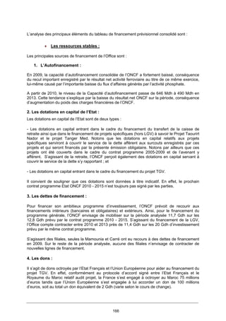 166
L’analyse des principaux éléments du tableau de financement prévisionnel consolidé sont :
♦ Les ressources stables :
Les principales sources de financement de l’Office sont :
1. L’Autofinancement :
En 2009, la capacité d’autofinancement consolidée de l’ONCF a fortement baissé, conséquence
du recul important enregistré par le résultat net activité ferroviaire au titre de ce même exercice,
lui-même causé par l’importante baisse du flux d’affaires générés par l’activité phosphate.
A partir de 2010, le niveau de la Capacité d’autofinancement passe de 646 Mdh à 490 Mdh en
2013. Cette tendance s’explique par la baisse du résultat net ONCF sur la période, conséquence
d’augmentation du poids des charges financières de l’ONCF.
2. Les dotations en capital de l’Etat :
Les dotations en capital de l’Etat sont de deux types :
- Les dotations en capital entrant dans le cadre du financement du transfert de la caisse de
retraite ainsi que dans le financement de projets spécifiques (hors LGV) à savoir le Projet Taourirt
Nador et le projet Tanger Med. Notons que les dotations en capital relatifs aux projets
spécifiques serviront à couvrir le service de la dette afférent aux surcouts enregistrés par ces
projets et qui seront financés par la présente émission obligataire. Notons par ailleurs que ces
projets ont été couverts dans le cadre du contrat programme 2005-2009 et de l’avenant y
afférent. S’agissant de la retraite, l’ONCF perçoit également des dotations en capital servant à
couvrir le service de la dette s’y rapportant ; et
- Les dotations en capital entrant dans le cadre du financement du projet TGV.
Il convient de souligner que ces dotations sont données à titre indicatif. En effet, le prochain
contrat programme Etat ONCF 2010 - 2015 n’est toujours pas signé par les parties.
3. Les dettes de financement :
Pour financer son ambitieux programme d’investissement, l’ONCF prévoit de recourir aux
financements intérieurs (bancaires et obligataires) et extérieurs. Ainsi, pour le financement du
programme générale, l’ONCF envisage de mobiliser sur la période analysée 11,7 Gdh sur les
12,8 Gdh prévu par le contrat programme 2010 - 2015. S’agissant du financement de la LGV,
l’Office compte contracter entre 2010 et 2013 près de 11,4 Gdh sur les 20 Gdh d’investissement
prévu par le même contrat programme.
S’agissant des filiales, seules la Mamounia et Carré ont eu recours à des dettes de financement
en 2009. Sur le reste de la période analysée, aucune des filiales n’envisage de contracter de
nouvelles lignes de financement.
4. Les dons :
Il s’agit de dons octroyés par l’Etat Français et l’Union Européenne pour aider au financement du
projet TGV. En effet, conformément au protocole d’accord signé entre l’Etat Français et le
Royaume du Maroc relatif audit projet, la France s’est engagé à octroyer au Maroc 75 millions
d’euros tandis que l’Union Européenne s’est engagée à lui accorder un don de 100 millions
d’euros, soit au total un don équivalent de 2 Gdh (varie selon le cours de change).
 