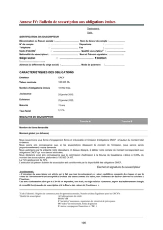 196
Annexe IV: Bulletin de souscription aux obligations émises
Destinataire :
Date :
IDENTIFICATION DU SOUSCRIPTEUR
Dénomination ou Raison sociale :…...…………………….… Nom du teneur de compte : …………….……
N° de compte : .……………………………… Dépositaire : ……………………..
Téléphone : .……………………………… Fax : ……………………..
Code d’identité
1
: ………………………………. Qualité souscripteur
2
: ……………………..
Nationalité du souscripteur : ………………………………. Nom et Prénom signataire : ………………...
Siège social : ………………………………. Fonction
:………………………
Adresse (si différente du siège social) : ...…………………… Mode de paiement :………………………
CARACTERISTIQUES DES OBLIGATIONS
Emetteur ONCF
Valeur nominale 100 000 Dh.
Nombre d’obligations émises 10 000 titres.
Jouissance 25 janvier 2010.
Echéance 25 janvier 2025.
Maturité 15 ans
Taux facial 5,12%
MODALITES DE SOUSCRIPTION
Tranche A Tranche B
Nombre de titres demandés
Montant global (en dirhams)
Nous souscrivons sous forme d’engagement ferme et irrévocable à l’émission d’obligations ONCF à hauteur du montant total
ci-dessus.
Nous avons pris connaissance que, si les souscriptions dépassent le montant de l’émission, nous serons servis
proportionnellement à notre demande.
Nous autorisons par la présente notre dépositaire, ci dessus désigné, à débiter notre compte du montant correspondant aux
obligations ONCF qui nous seront attribuées.
Nous déclarons avoir pris connaissance que la commission d’admission à la Bourse de Casablanca s’élève à 0,05‰ du
montant des souscriptions, plafonnée à 100 000 Dh HT.
La TVA appliqué est de 10%.
L’exécution du présent bulletin de souscription est conditionnée par la disponibilité des obligations ONCF.
Cachet et signature du souscripteur
Avertissement :
« L’attention du souscripteur est attirée sur le fait que tout investissement en valeurs mobilières comporte des risques et que la
valeur de l’investissement est susceptible d’évoluer à la hausse comme à la baisse, sous l’influence des facteurs internes ou externes à
l’émetteur.
Une note d’information visée par le CDVM est disponible, sans frais, au siège social de l’émetteur, auprès des établissements chargés
de recueillir les demandes de souscription et à la Bourse des valeurs de Casablanca »
1
Code d’identité : Registre de commerce pour les personnes morales, Numéro et date d’agrément pour les OPCVM
2
Qualité du souscripteur A Etablissements de crédit
B OPCVM
C Sociétés d’assurances, organismes de retraite et de prévoyance
D Fonds d’investissement, fonds de pension
E Autres (compagnies financières et CDG )
 
