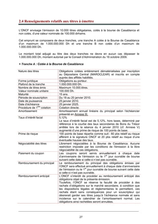 27
2.4 Renseignements relatifs aux titres à émettre
L’ONCF envisage l’émission de 10.000 titres obligataires, cotés à la bourse de Casablanca et
non cotés, d’une valeur nominale de 100.000 dirhams.
Cet emprunt se composera de deux tranches, une tranche A cotée à la Bourse de Casablanca
d’un maximum de 1.000.000.000 Dh et une tranche B non cotée d’un maximum de
1.000.000.000 Dh.
Le montant total adjugé au titre des deux tranches ne devra en aucun cas dépasser le
1.000.000.000 Dh, montant autorisé par le Conseil d’Administration du 16 octobre 2009.
+ Tranche A : Cotée à la Bourse de Casablanca
Nature des titres Obligations cotées entièrement dématérialisées par inscription
au Dépositaire Central (MAROCLEAR) et inscrits en compte
auprès des affiliés habilités.
Forme juridique Obligations au porteur.
Plafond de la tranche 1.000.000.000 Dh.
Nombre de titres émis Maximum 10.000.titres.
Valeur nominale unitaire 100.000 Dh.
Maturité 15 ans.
Période de souscription Du 18 au 20 janvier 2010.
Date de jouissance 25 janvier 2010.
Date d’échéance 25 janvier 2025.
Procédure de 1ère
cotation Cotation directe.
Amortissement Amortissement annuel linéaire du principal selon l’échéancier
présenté en Annexe III.
Taux d’intérêt facial 5,12%
Le taux d’intérêt facial est de 5,12%, hors taxes, déterminé par
référence à la courbe des taux secondaires de Bons du Trésor
arrêtée lors de la séance du 4 janvier 2010 (cf. Annexe V)
augmenté d’une prime de risque de 100 points de base.
Prime de risque 100 points de base répartis comme suit : 80 pbs relatif au risque
afférent à la signature ONCF et 20 pbs relatif au risque d’une
éventuelle hausse des taux.
Négociabilité des titres Librement négociables à la Bourse de Casablanca. Aucune
restriction imposée par les conditions de l'émission à la libre
négociabilité de ces obligations.
Paiement du coupon Les coupons seront servis annuellement à chaque date
d’anniversaire de l’émission ou le 1er
jour ouvrable de bourse
suivant cette date si celle-ci n’est pas ouvrable.
Remboursement du principal Le remboursement du principal des obligations émises par
l’ONCF sera effectué annuellement à chaque date d’anniversaire
de l’émission ou le 1er
jour ouvrable de bourse suivant cette date
si celle-ci n’est pas ouvrable.
Remboursement anticipé L’ONCF s’interdit de procéder au remboursement anticipé des
obligations objet de la présente émission.
Toutefois, l’ONCF se réserve la faculté de procéder à des
rachats d’obligations sur le marché secondaire, à condition que
les dispositions légales et réglementaires le permettent, ces
rachats étant sans conséquences pour un souscripteur qui
désirerait garder ses titres jusqu’à l’échéance normale et sans
incidence sur le calendrier de l’amortissement normal. Les
obligations ainsi rachetées seront annulées.
 