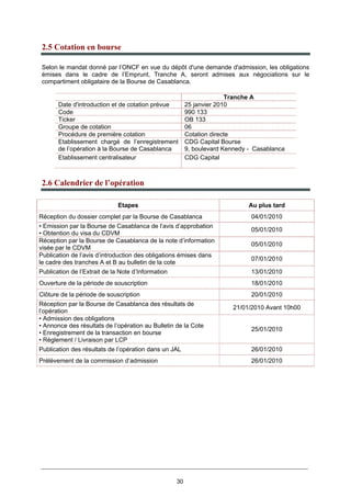 30
2.5 Cotation en bourse
Selon le mandat donné par l’ONCF en vue du dépôt d'une demande d'admission, les obligations
émises dans le cadre de l’Emprunt, Tranche A, seront admises aux négociations sur le
compartiment obligataire de la Bourse de Casablanca.
Tranche A
Date d'introduction et de cotation prévue 25 janvier 2010
Code 990 133
Ticker OB 133
Groupe de cotation 06
Procédure de première cotation Cotation directe
Etablissement chargé de l’enregistrement
de l’opération à la Bourse de Casablanca
CDG Capital Bourse
9, boulevard Kennedy - Casablanca
Etablissement centralisateur CDG Capital
2.6 Calendrier de l’opération
Etapes Au plus tard
Réception du dossier complet par la Bourse de Casablanca 04/01/2010
• Emission par la Bourse de Casablanca de l’avis d’approbation
• Obtention du visa du CDVM
05/01/2010
Réception par la Bourse de Casablanca de la note d’information
visée par le CDVM
05/01/2010
Publication de l’avis d’introduction des obligations émises dans
le cadre des tranches A et B au bulletin de la cote
07/01/2010
Publication de l’Extrait de la Note d’Information 13/01/2010
Ouverture de la période de souscription 18/01/2010
Clôture de la période de souscription 20/01/2010
Réception par la Bourse de Casablanca des résultats de
l’opération
21/01/2010 Avant 10h00
• Admission des obligations
• Annonce des résultats de l’opération au Bulletin de la Cote
• Enregistrement de la transaction en bourse
• Règlement / Livraison par LCP
25/01/2010
Publication des résultats de l’opération dans un JAL 26/01/2010
Prélèvement de la commission d’admission 26/01/2010
 