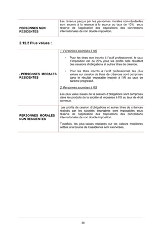 36
PERSONNES NON
RESIDENTES
Les revenus perçus par les personnes morales non–résidentes
sont soumis à la retenue à la source au taux de 10% sous
réserve de l’application des dispositions des conventions
internationales de non double imposition.
2.12.2 Plus values :
- PERSONNES MORALES
RESIDENTES
1. Personnes soumises à l’IR
- Pour les titres non inscrits à l’actif professionnel, le taux
d’imposition est de 20% pour les profits nets résultant
des cessions d’obligations et autres titres de créance.
- Pour les titres inscrits à l’actif professionnel, les plus
values sur cession de titres de créances sont comprises
dans le résultat imposable imposé à l’IR au taux de
barème progressif.
2. Personnes soumises à l’IS
Les plus value issues de la cession d’obligations sont comprises
dans les produits de la société et imposées à l'IS au taux de droit
commun.
PERSONNES MORALES
NON RESIDENTES
Les profits de cession d’obligations et autres titres de créances
réalisés par les sociétés étrangères sont imposables sous
réserve de l’application des dispositions des conventions
internationales de non double imposition.
Toutefois, les plus-values réalisées sur les valeurs mobilières
cotées à la bourse de Casablanca sont exonérées.
 