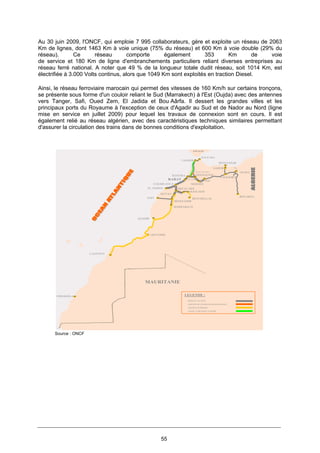 55
Au 30 juin 2009, l'ONCF, qui emploie 7 995 collaborateurs, gère et exploite un réseau de 2063
Km de lignes, dont 1463 Km à voie unique (75% du réseau) et 600 Km à voie double (29% du
réseau). Ce réseau comporte également 353 Km de voie
de service et 180 Km de ligne d'embranchements particuliers reliant diverses entreprises au
réseau ferré national. A noter que 49 % de la longueur totale dudit réseau, soit 1014 Km, est
électrifiée à 3.000 Volts continus, alors que 1049 Km sont exploités en traction Diesel.
Ainsi, le réseau ferroviaire marocain qui permet des vitesses de 160 Km/h sur certains tronçons,
se présente sous forme d'un couloir reliant le Sud (Marrakech) à l'Est (Oujda) avec des antennes
vers Tanger, Safi, Oued Zem, El Jadida et Bou Aârfa. Il dessert les grandes villes et les
principaux ports du Royaume à l'exception de ceux d'Agadir au Sud et de Nador au Nord (ligne
mise en service en juillet 2009) pour lequel les travaux de connexion sont en cours. Il est
également relié au réseau algérien, avec des caractéristiques techniques similaires permettant
d'assurer la circulation des trains dans de bonnes conditions d'exploitation.
–– ––
CASABLANCA
TANGER
RAS R’MEL
KENITRA
RABAT
EL JADIDA
SAFI
AGADIR
BENI ENSAR
FES
OUJDA
OUED ZEM
MEKNES
SIDI KACEM
BOUARFA
BENI MELLAL
MARRAKECH
BENGUERIR
LEGENDE :
RESEAU ACTUEL
LIGNES EN COURS DE REALISATION
LIGNES EN PROJET
LIGNE A GRANDE VITESSE
LAAYOUN
GOULMIM
EDDAKHLA
SIDI ELAIDI
SETTAT
MAURITANIE
ESPAGNE
MECHRAA BELKSIRI
SIDI YAHIA
NADOR
TAOURIRT
Source : ONCF
 