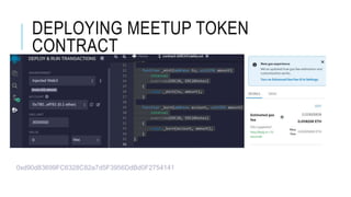 DEPLOYING MEETUP TOKEN
CONTRACT
0xd90d83699FC6328C82a7d5F3956DdBd0F2754141
 