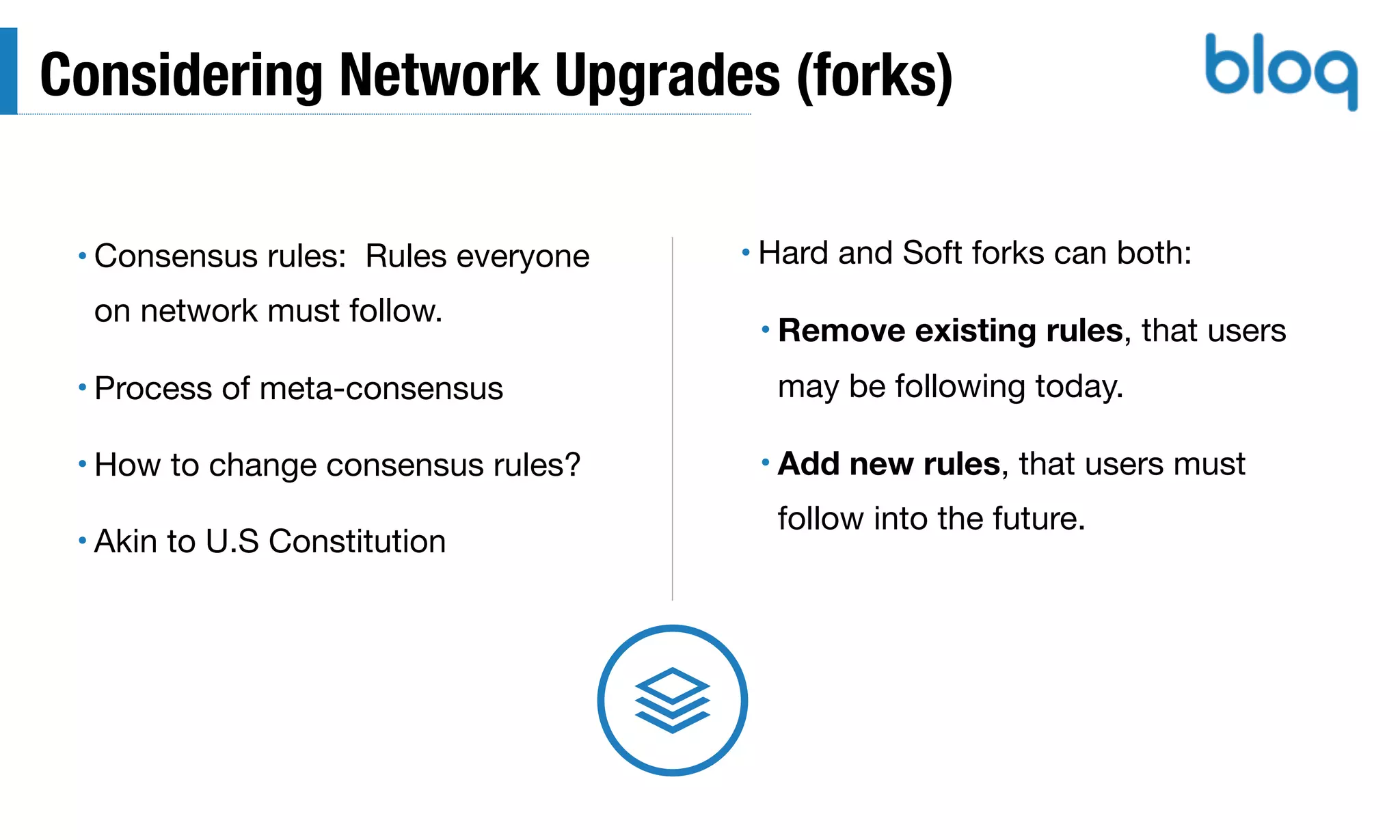 Considering Network Upgrades (forks)
• Consensus rules: Rules everyone
on network must follow.

• Process of meta-consensus

• How to change consensus rules?

• Akin to U.S Constitution
• Hard and Soft forks can both:

• Remove existing rules, that users
may be following today.

• Add new rules, that users must
follow into the future.
 