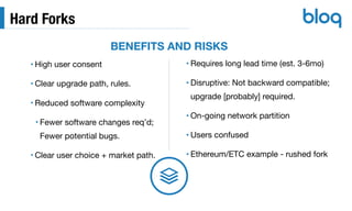 Hard Forks
• High user consent

• Clear upgrade path, rules.

• Reduced software complexity

• Fewer software changes req’d; 
Fewer potential bugs.

• Clear user choice + market path.
• Requires long lead time (est. 3-6mo)

• Disruptive: Not backward compatible; 
upgrade [probably] required.

• On-going network partition

• Users confused

• Ethereum/ETC example - rushed fork
BENEFITS AND RISKS
 