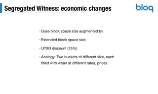 Segregated Witness: economic changes
• Base block space size augmented by

• Extended block space size

• UTXO discount (75%)

• Analogy: Two buckets of diﬀerent size, each
ﬁlled with water at diﬀerent rates, prices.
 