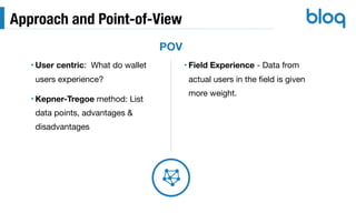 Approach and Point-of-View
• User centric: What do wallet
users experience?

• Kepner-Tregoe method: List
data points, advantages &
disadvantages
POV
• Field Experience - Data from
actual users in the ﬁeld is given
more weight.
 