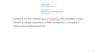 57
Company X is the leading type of company that provides unique
benefit to target customers. Unlike competitors, Company X
does unique differentiator(s).
Customers:
What do you do?
Investors:
What do you do, what market
are you in?
 
