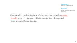 58
Company X is the leading type of company that provides unique
benefit to target customers. Unlike competitors, Company X
does unique differentiator(s).
Customers:
What’s in it for me?
Investor:
What problem are you
solving?
 
