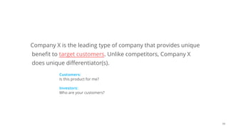 59
Company X is the leading type of company that provides unique
benefit to target customers. Unlike competitors, Company X
does unique differentiator(s).
Customers:
Is this product for me?
Investors:
Who are your customers?
 