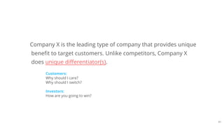 61
Company X is the leading type of company that provides unique
benefit to target customers. Unlike competitors, Company X
does unique differentiator(s).
Customers:
Why should I care?
Why should I switch?
Investors:
How are you going to win?
 