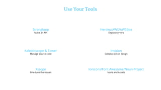 Use Your Tools
Strongloop
Make an API
Heroku/AWS/AWSBox
Deploy servers
Invision
Collaborate on design
Kaleidoscope & Tower
Manage source code
Xscope
Fine-tune the visuals
Ionicons/Font Awesome/Noun Project
Icons and Assets
 