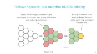 72
Tallwave Approach: Test and refine BEFORE building
We do this through a process of rapid
prototyping, continuous user testing, refinement
and feature prioritization
We only build what users
want and need. In some
cases, users help us imagine
new features.
Launch
 