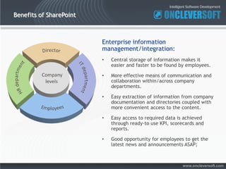 Benefits of SharePoint



                         Enterprise information
                         management/integration:
                         •   Central storage of information makes it
                             easier and faster to be found by employees.

                         •   More effective means of communication and
                             collaboration within/across company
                             departments.

                         •   Easy extraction of information from company
                             documentation and directories coupled with
                             more convenient access to the content.

                         •   Easy access to required data is achieved
                             through ready-to use KPI, scorecards and
                             reports.

                         •   Good opportunity for employees to get the
                             latest news and announcements ASAP;



                                                           www.oncleversoft.com
 