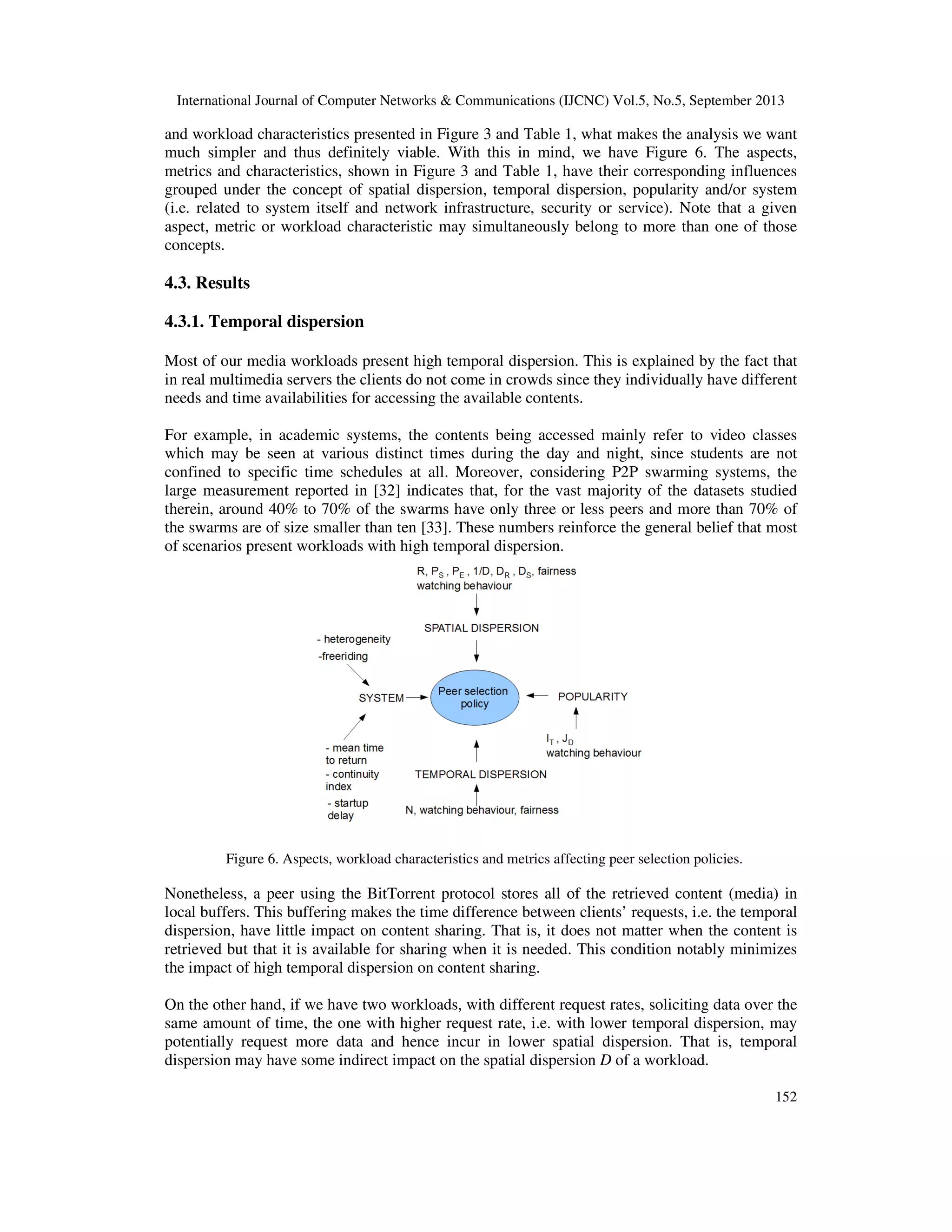 International Journal of Computer Networks & Communications (IJCNC) Vol.5, No.5, September 2013
152
and workload characteristics presented in Figure 3 and Table 1, what makes the analysis we want
much simpler and thus definitely viable. With this in mind, we have Figure 6. The aspects,
metrics and characteristics, shown in Figure 3 and Table 1, have their corresponding influences
grouped under the concept of spatial dispersion, temporal dispersion, popularity and/or system
(i.e. related to system itself and network infrastructure, security or service). Note that a given
aspect, metric or workload characteristic may simultaneously belong to more than one of those
concepts.
4.3. Results
4.3.1. Temporal dispersion
Most of our media workloads present high temporal dispersion. This is explained by the fact that
in real multimedia servers the clients do not come in crowds since they individually have different
needs and time availabilities for accessing the available contents.
For example, in academic systems, the contents being accessed mainly refer to video classes
which may be seen at various distinct times during the day and night, since students are not
confined to specific time schedules at all. Moreover, considering P2P swarming systems, the
large measurement reported in [32] indicates that, for the vast majority of the datasets studied
therein, around 40% to 70% of the swarms have only three or less peers and more than 70% of
the swarms are of size smaller than ten [33]. These numbers reinforce the general belief that most
of scenarios present workloads with high temporal dispersion.
Figure 6. Aspects, workload characteristics and metrics affecting peer selection policies.
Nonetheless, a peer using the BitTorrent protocol stores all of the retrieved content (media) in
local buffers. This buffering makes the time difference between clients’ requests, i.e. the temporal
dispersion, have little impact on content sharing. That is, it does not matter when the content is
retrieved but that it is available for sharing when it is needed. This condition notably minimizes
the impact of high temporal dispersion on content sharing.
On the other hand, if we have two workloads, with different request rates, soliciting data over the
same amount of time, the one with higher request rate, i.e. with lower temporal dispersion, may
potentially request more data and hence incur in lower spatial dispersion. That is, temporal
dispersion may have some indirect impact on the spatial dispersion D of a workload.
 