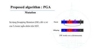 Proposed algorithm : PGA
Sử dụng Swapping Mutation (SW), đổi vị trí
của 2 cluster ngẫu nhiên trên NST.
Mutation
SW works on a chromosome
 
