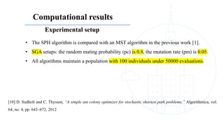 Computational results
• The SPH algorithm is compared with an MST algorithm in the previous work [1].
• SGA setups: the random mating probability (pc) is 0.8, the mutation rate (pm) is 0.05.
• All algorithms maintain a population with 100 individuals under 50000 evaluations.
Experimental setup
[10] D. Sudholt and C. Thyssen, “A simple ant colony optimizer for stochastic shortest path problems,” Algorithmica, vol.
64, no. 4, pp. 643–672, 2012
 