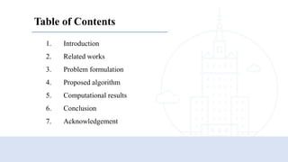 Table of Contents
1. Introduction
2. Related works
3. Problem formulation
4. Proposed algorithm
5. Computational results
6. Conclusion
7. Acknowledgement
 