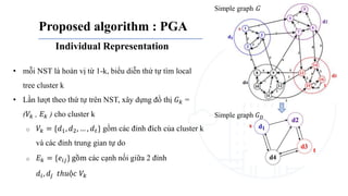 Proposed algorithm : PGA
Individual Representation
Simple graph G
Simple graph 𝐺𝐷
• mỗi NST là hoán vị từ 1-k, biểu diễn thứ tự tìm local
tree cluster k
• Lần lượt theo thứ tự trên NST, xây dựng đồ thị 𝐺𝑘 =
(𝑉𝑘 , 𝐸𝑘 ) cho cluster k
o 𝑉𝑘 = {𝑑1, 𝑑2, … , 𝑑𝑡} gồm các đỉnh đích của cluster k
và các đỉnh trung gian tự do
o 𝐸𝑘 = {𝑒𝑖𝑗} gồm các cạnh nối giữa 2 đỉnh
𝑑𝑖, 𝑑𝑗 𝑡ℎ𝑢ộ𝑐 𝑉𝑘
 