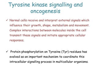 Tyrosine kinase signalling and
oncogenesis
 Normal cells receive and interpret external signals which
influence their growth, shape, metabolism and movement.
Complex interactions between molecules inside the cell
transmit these signals and initiate appropriate cellular
responses.
 Protein phosphorylation on Tyrosine (Tyr) residues has
evolved as an important mechanism to coordinate this
intracellular signalling process in multicellular organisms.
 