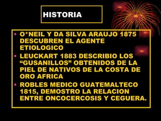 HISTORIA

• O*NEIL Y DA SILVA ARAUJO 1875
  DESCUBREN EL AGENTE
  ETIOLOGICO
• LEUCKART 1883 DESCRIBIO LOS
  “GUSANILLOS” OBTENIDOS DE LA
  PIEL DE NATIVOS DE LA COSTA DE
  ORO AFRICA
• ROBLES MEDICO GUATEMALTECO
  1815, DEMOSTRO LA RELACION
  ENTRE ONCOCERCOSIS Y CEGUERA.
 