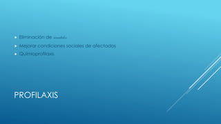 PROFILAXIS
 Eliminación de simulidos
 Mejorar condiciones sociales de afectados
 Quimioprofilaxis
 