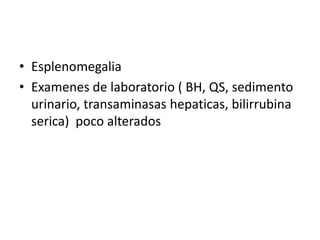 • Esplenomegalia
• Examenes de laboratorio ( BH, QS, sedimento
urinario, transaminasas hepaticas, bilirrubina
serica) poco alterados
 