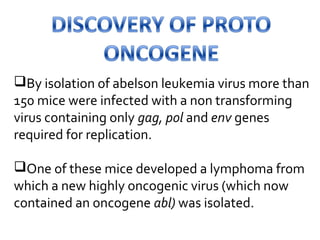 By isolation of abelson leukemia virus more than
150 mice were infected with a non transforming
virus containing only gag, pol and env genes
required for replication.
One of these mice developed a lymphoma from
which a new highly oncogenic virus (which now
contained an oncogene abl) was isolated.
 