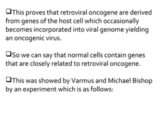 This proves that retroviral oncogene are derived
from genes of the host cell which occasionally
becomes incorporated into viral genome yielding
an oncogenic virus.
So we can say that normal cells contain genes
that are closely related to retroviral oncogene.
This was showed by Varmus and Michael Bishop
by an experiment which is as follows:
 