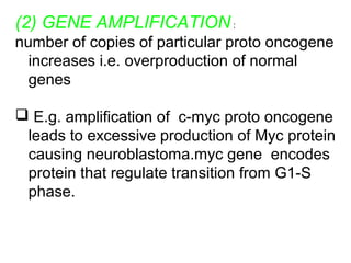 (2) GENE AMPLIFICATION :
number of copies of particular proto oncogene
increases i.e. overproduction of normal
genes
 E.g. amplification of c-myc proto oncogene
leads to excessive production of Myc protein
causing neuroblastoma.myc gene encodes
protein that regulate transition from G1-S
phase.
 