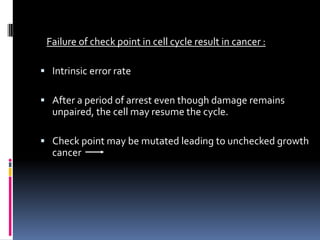 Failure of check point in cell cycle result in cancer :
 Intrinsic error rate
 After a period of arrest even though damage remains
unpaired, the cell may resume the cycle.
 Check point may be mutated leading to unchecked growth
cancer
 