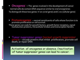  Oncogenes – The genes involved in the development of cancer
normal cells do contain DNA sequence similar to viral oncognenes
To distinguish these two genes:V-src (viral gene) and C-src (cellular gene)
 Protooncogenes – normal constituents of cells whose function is to
promote proliferation or cell survival.
These genes can code for growth factors, growth factor receptors, signal
transduction proteins, intracellular kinases and transcription factors.
 Tumor suppressor genes (normal growth suppressor
genes) -- encode proteins that inhibit proliferation, promote cell
death, or repair DNA
Activation of oncogenes or absence /inactivation
of tumor suppressor genes can lead to cancer.
 