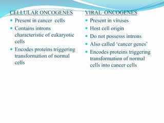 CELLULAR ONCOGENES
 Present in cancer cells
 Contains introns
characteristic of eukaryotic
cells
 Encodes proteins triggering
transformation of normal
cells
VIRAL ONCOGENES
 Present in viruses
 Host cell origin
 Do not possesss introns
 Also called ‘cancer genes’
 Encodes proteins triggering
transformation of normal
cells into cancer cells
 